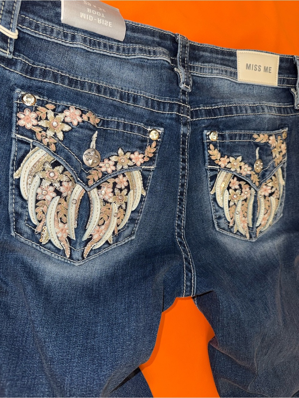 Miss Me Dark Blue Boot Cut Jeans with Pink Floral Embroidery